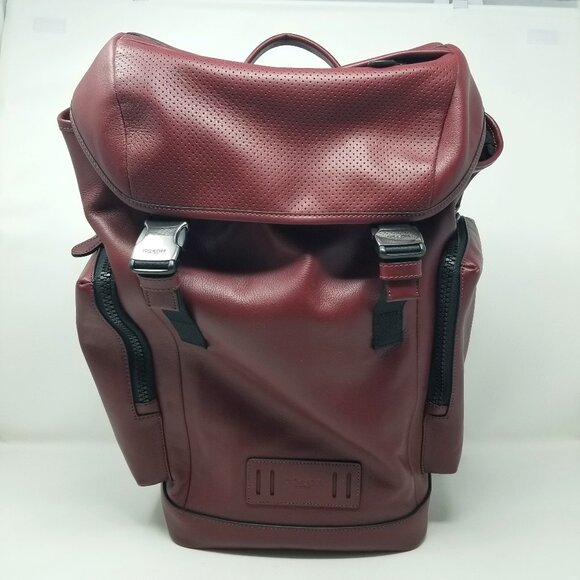 COACH Men's Burgundy Red & Black Leather Metal Buckle Drawstring Laptop Backpack - Picture 1 of 16